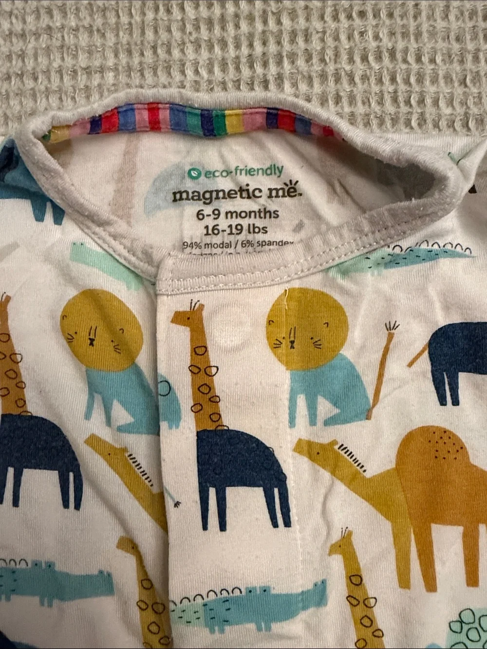Magnetic Me White Footless Sleeper with Mustard, Teal, Navy Animal Print